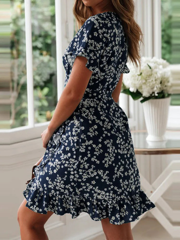Print Ruffles Dress Summer V Neck Short Sleeve a Line Chiffon Mini Dresses Beach Vacation Sundress