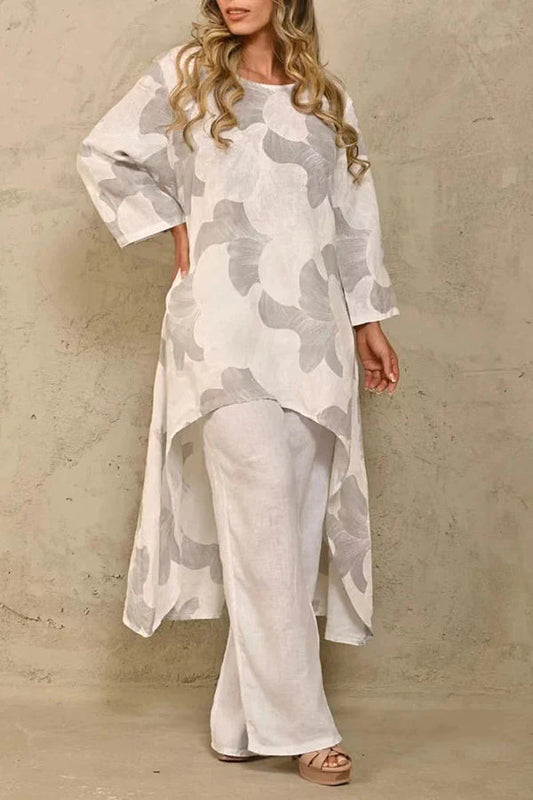 Exquisite Print Crew Neck Paneled Pant Suit