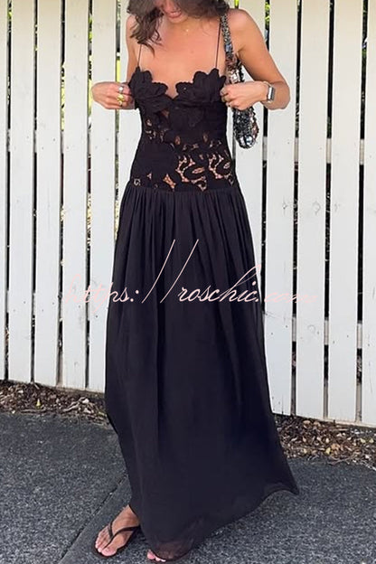 Stephanie Flower Crochet Lace Bust Chiffon Fluffy Hem Maxi Dress