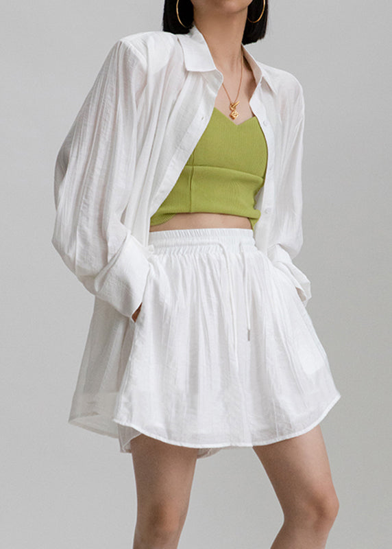White Peter Pan Collar Shirts and Shorts Two Pieces Set Long Sleeve An1031