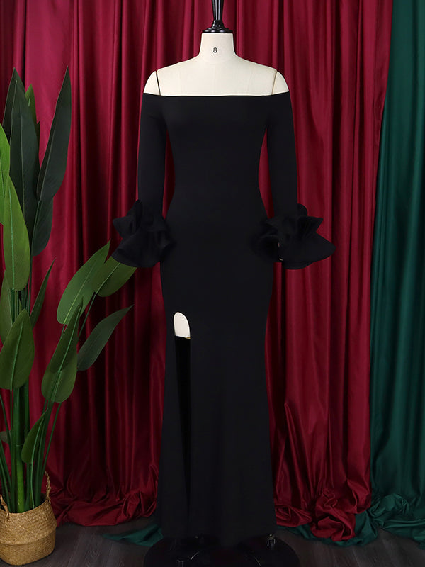 Bodycon Flared Sleeves Falbala Color Split-side Off-the-shoulder Maxi Dresses