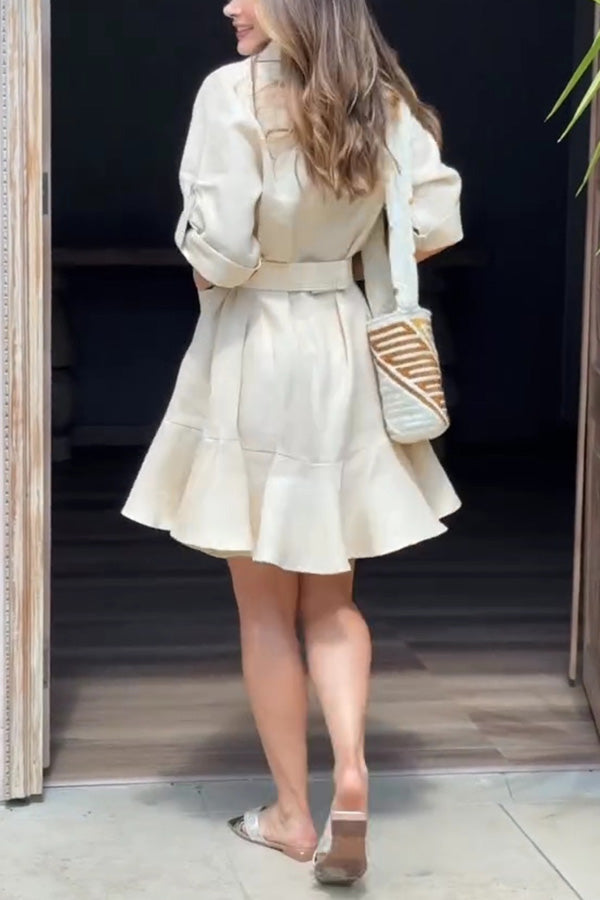 Color Lapel Pocket Ruffle Loose Mini Dress