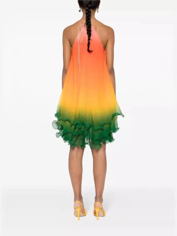 Gradient Halter Neck Leace-up Midi Dresses Off Shoulder Irregular Ruffles Dress Female Party Club Vestidos