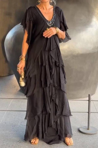V-neck Fashionable Cake Long Dress