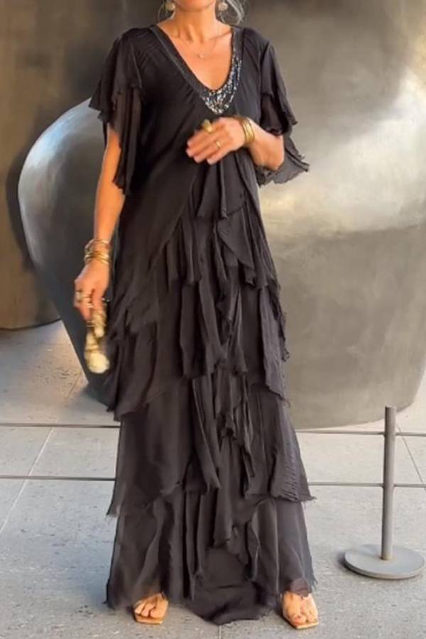 V-neck Fashionable Cake Long Dress