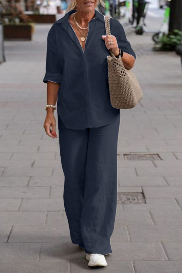 Color Long-sleeved Shirt and Elastic Waisted Loose Wide-leg Pants Set