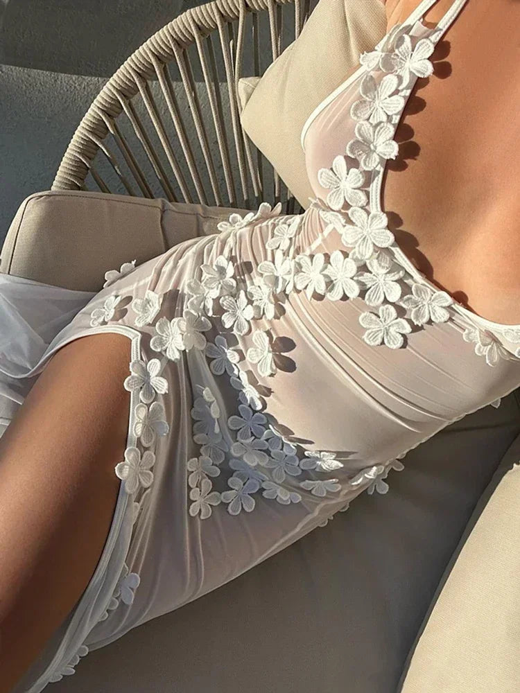 Mesh See-through Maxi Dress Slim High Split Summer Party Dress Gown Backless V-neck Female Halter Dress