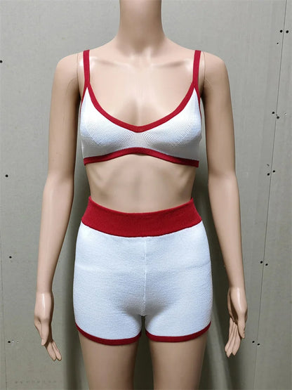Beach Holiday Bikini for 2 Piece-set Contrast High Waist Shorts Sets Spaghetti Knit Patchwork Bikini Outfits