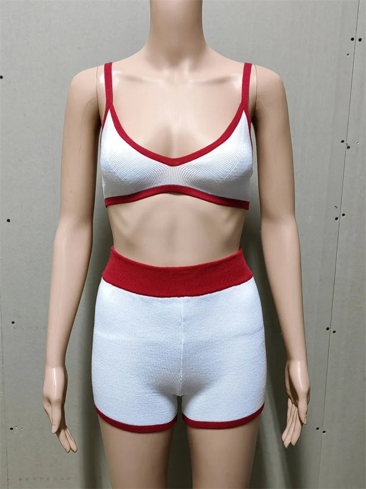 Beach Holiday Bikini for 2 Piece-set Contrast High Waist Shorts Sets Spaghetti Knit Patchwork Bikini Outfits