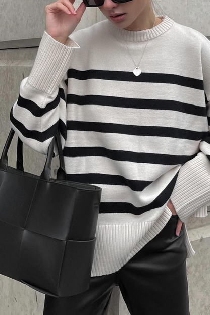 Striped Long Sleeve Crew Neck Pullover Knitted Sweater