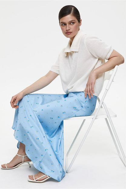 High Waist Satin Print Drape Skirt