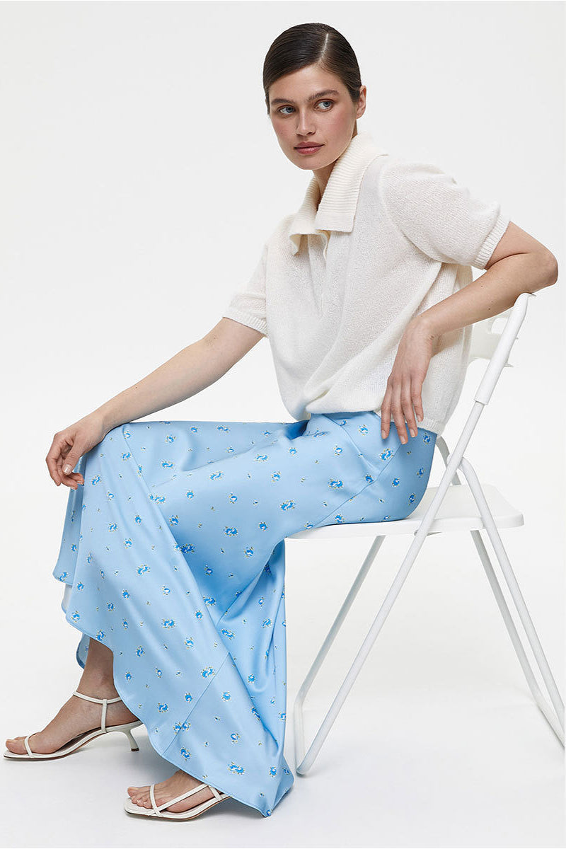 High Waist Satin Print Drape Skirt
