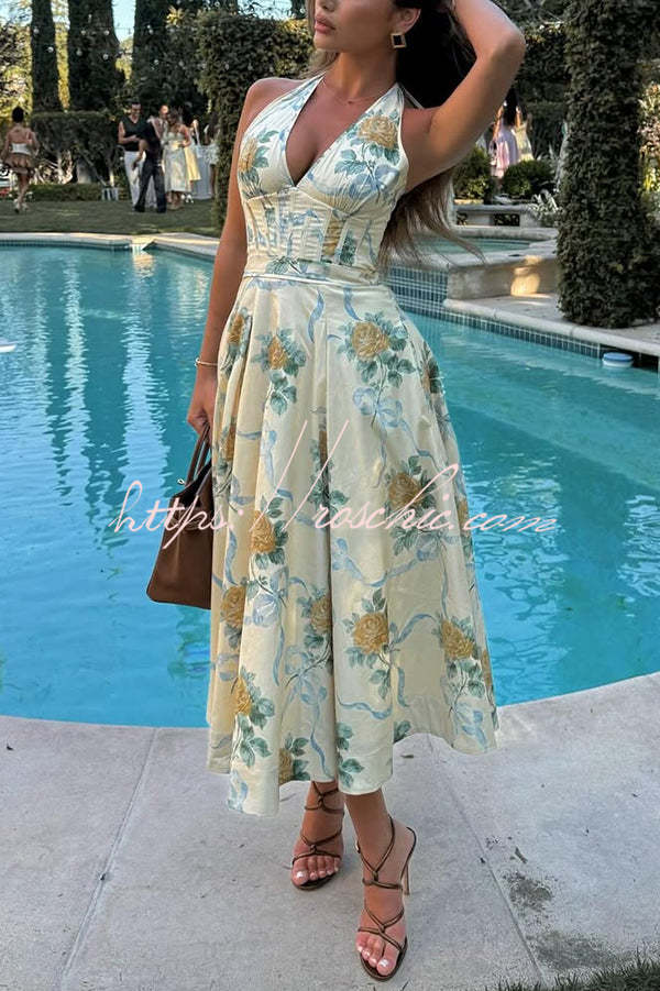 Resort Star Print Waist Halterneck Tie Pocket Midi Dress