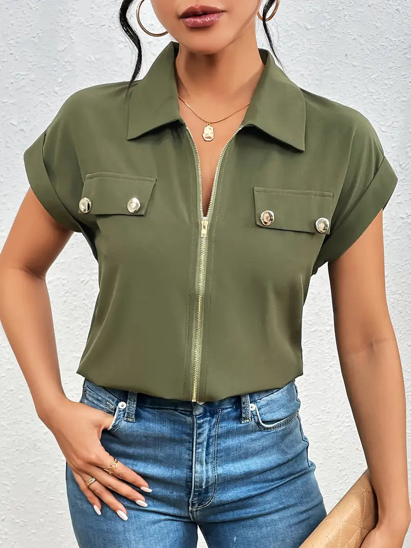Safira - Zip-front Short Sleeve Blouse