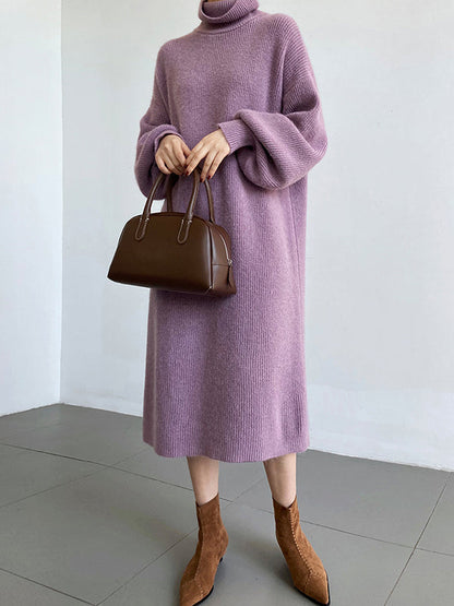 Urban Loose Purple High-neck Long Puff Sleeve Sweater Dress An1052