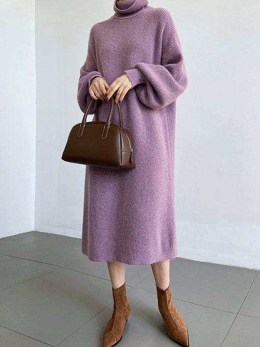 Urban Loose Purple High-neck Long Puff Sleeve Sweater Dress An1052