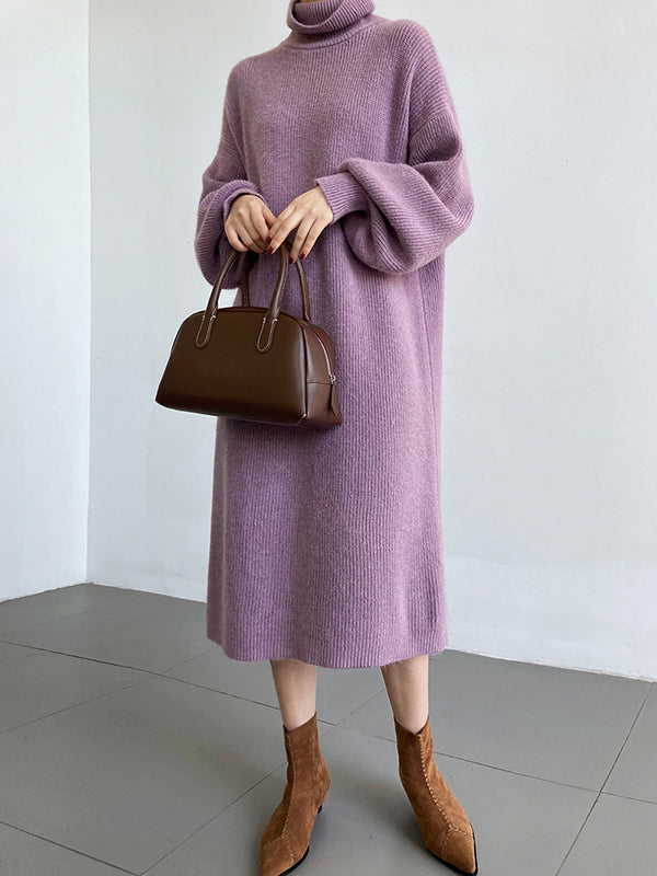Urban Loose Purple High-neck Long Puff Sleeve Sweater Dress An1052