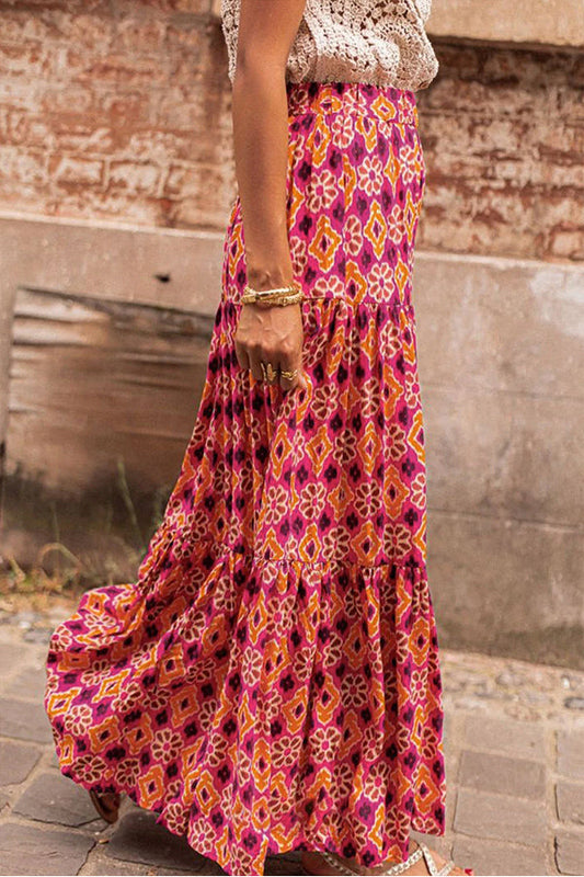 Rose Print Tiered Maxi Skirt
