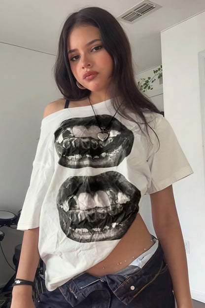 Hip Hop Lip Print Asymmetric Neck T-shirt