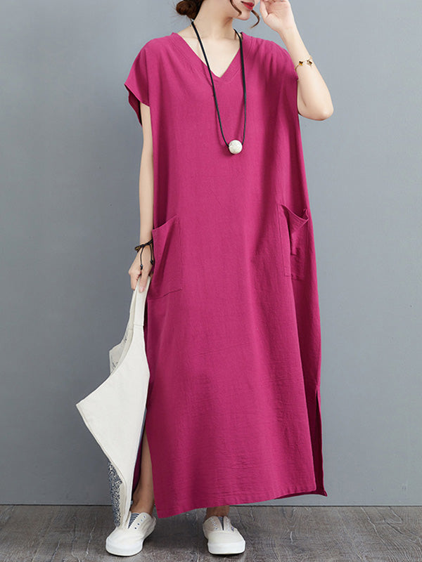 Simple Ramie Cotton Color Split-side With Pocket V-neck Short Sleeves Maxi Dress