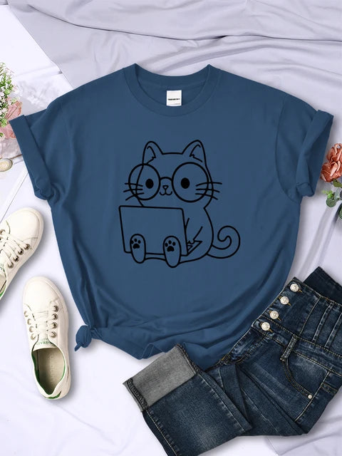 Careful Study of Work Cat Sketches T-shirt Personality Trend Tee Clothing Street Creative Tops Female Short Sleeve