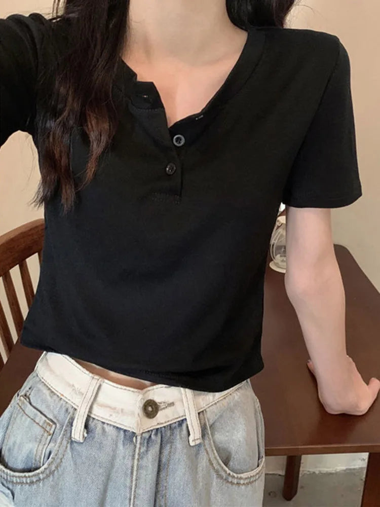 T-shirt Open Button Short Sleeve Crop Top Clothing Basic T Shirt Skinny White Slim Female Tops