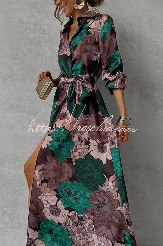 Print Lapel Waisted Lace-up Long-sleeve Maxi Dress