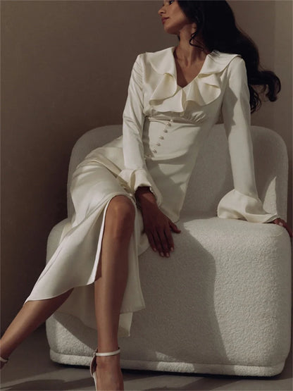 Ruffled for Long Dress V-neck Patchwork Long Sleeve Slim Party Dress Gown White Spring Maxi Dress