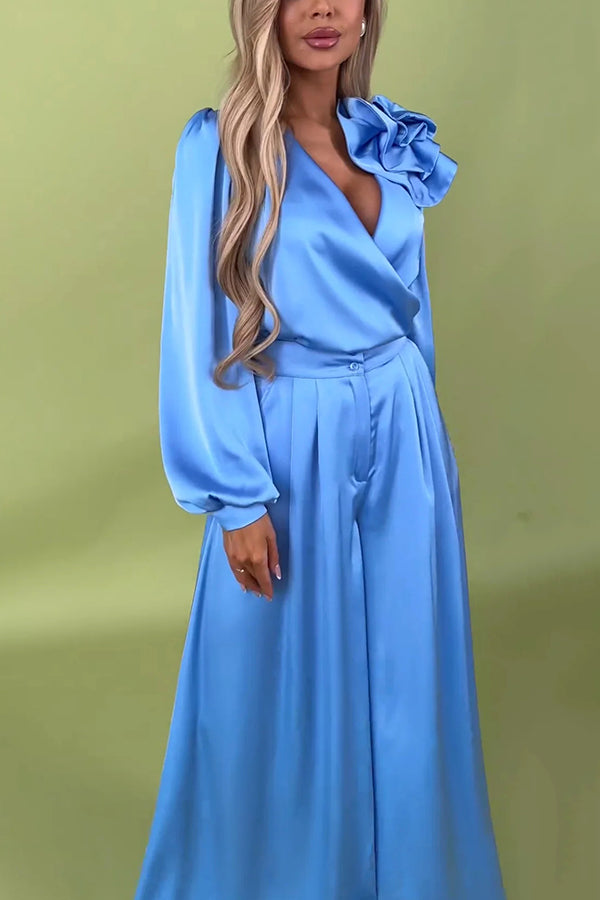 Color V-neck Long-sleeved Large Flower Decorated Top and Pocket Wide-leg Pants Set