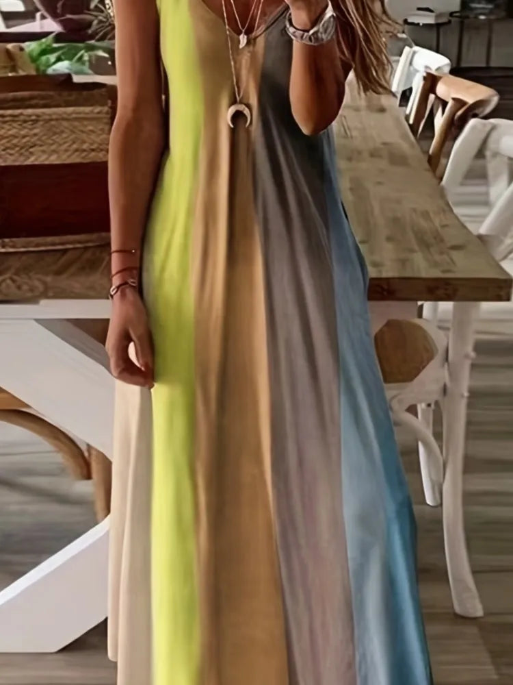 Color Gradient Print Spaghetti Strap Dresses Summer V-neck Beach Vacation Style Long Dress Female A-line Vestidos