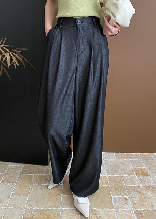 Black Pockets Cotton Wide Leg Pants Summer Wd003