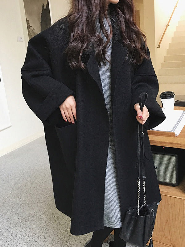 Loose Khaki Notched Collar Buttoned Pockets Long Sleeves Woolen Coat Ws013