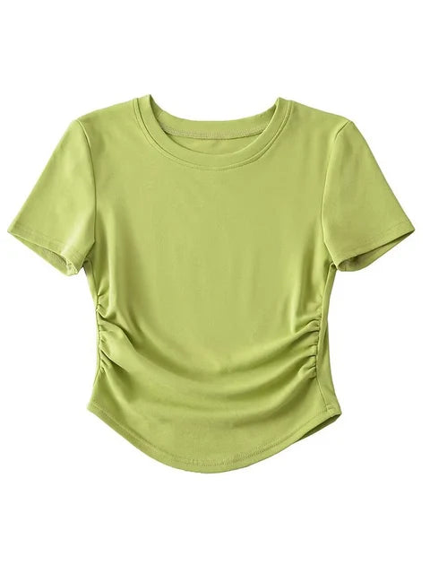 Harajuku Crew Neck Short Sleeve Cotton Tee With Ruched Sides Detail T-shirts