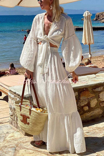 Sunseeker Front Tie Blouse and Elastic Waist Tiered Maxi Skirt Set