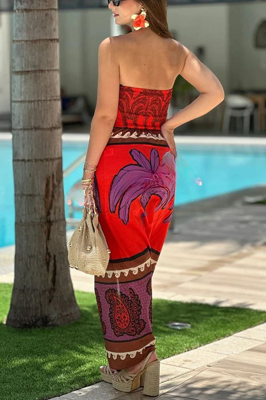 Botanical Print Stretchy Tube Top High Waist Slit Maxi Dress