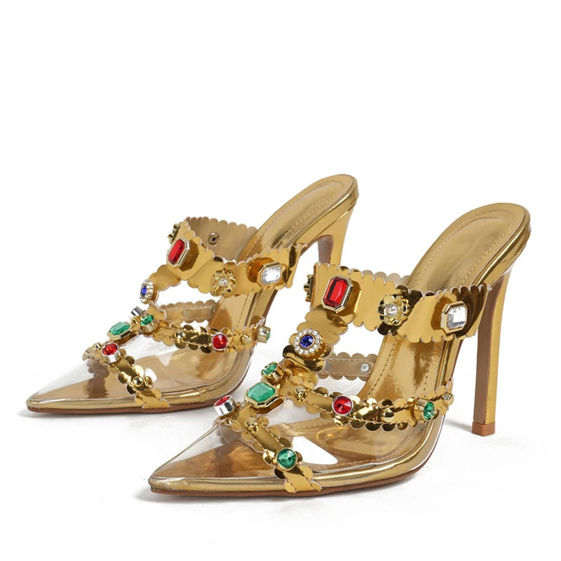 Liyke Runway Style Color Gem Pumps Slippers Crystal Rhinestone Pvc Transparent Mules High Heels Summer Party Prom Shoes