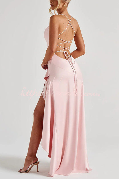 Color Backless Lace-up Irregular Ruffled Maxi Dress
