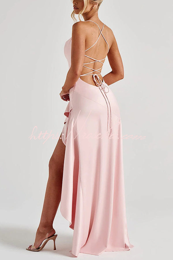 Color Backless Lace-up Irregular Ruffled Maxi Dress