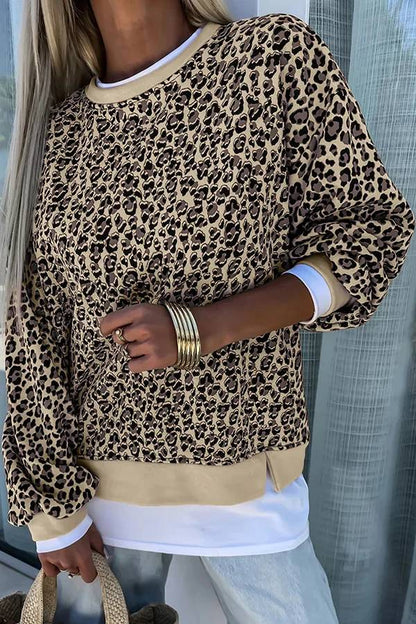 Leopard Print Crew Neck Patchwork Long Sleeve Loose Sweatshirt