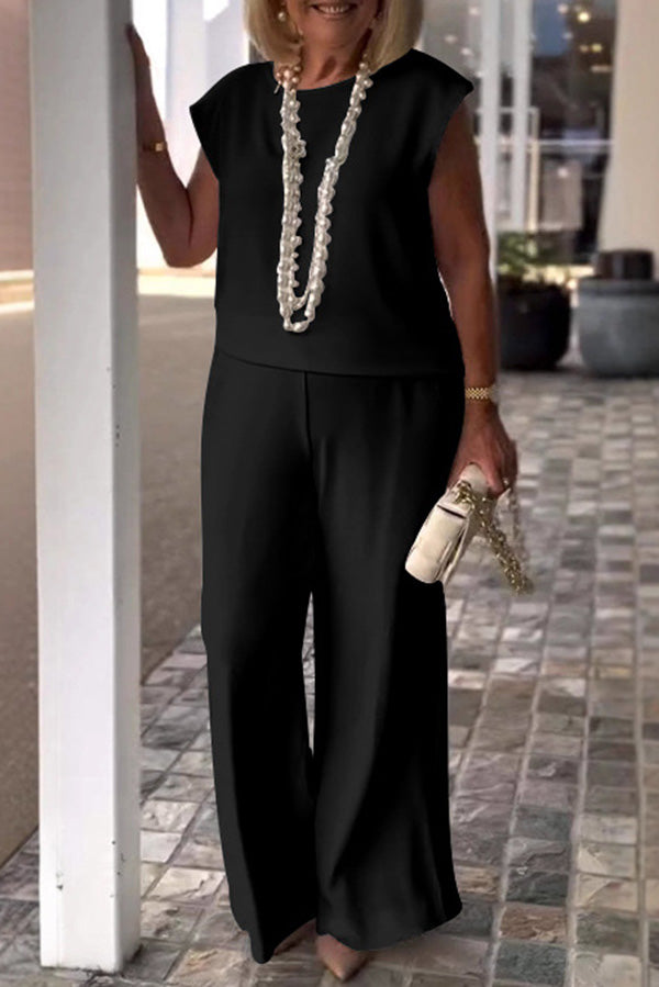 Color Crew Neck Sleeveless Top and Pocket Straight Leg Pants Set