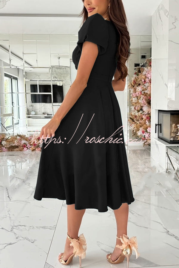 Zayla Color Puff Sleeve V-neck Waist Slim Fit Midi Dress