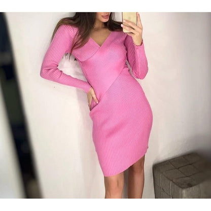 Pink V-neck Cross Slim Waist Long Sleeve Knit Sweater Dress Ar1018