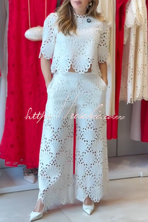 Eliose Scallop Cutout Embroidery Lace Elastic Waist Pocket Loose Pants