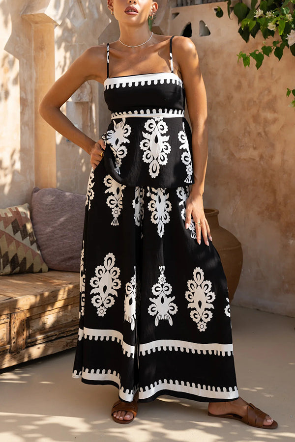 Unique Print Suspender Pleated Top and Elastic Waist Loose Wide-leg Pants Set