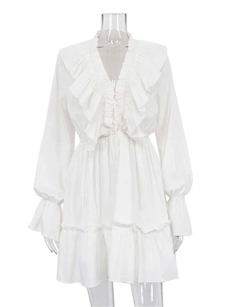Ruffled V-neck White Mini Dress – Long Sleeve Bandage Dress