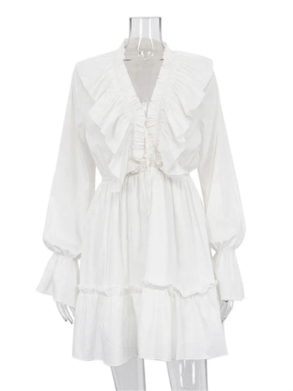 Ruffled V-neck White Mini Dress – Long Sleeve Bandage Dress