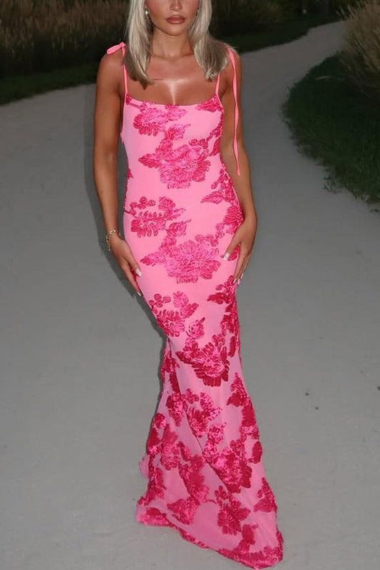 Embroidered Suspender Strap Slim Fit Maxi Dress