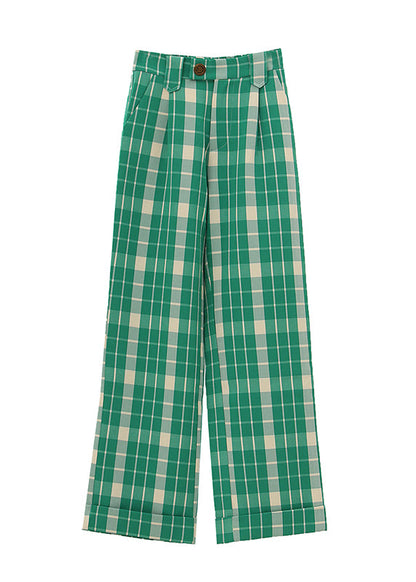 Green Plaid High Waist Straight Pants Spring Tt1019