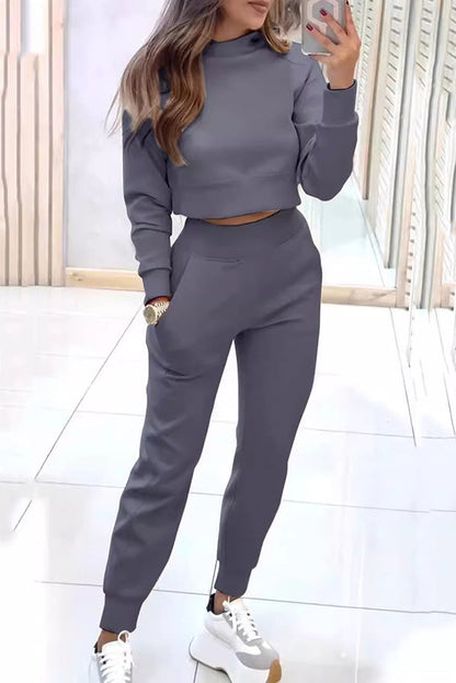 Color Loose Long Sleeve Crop Top and Elastic Waist Pocket Pants Set