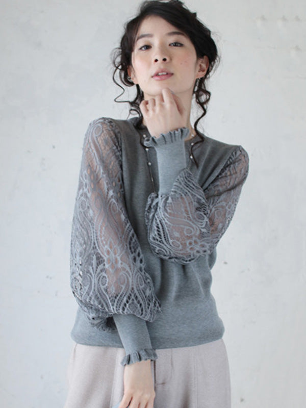 Tempermant Black Round-neck Patchwork Hollow Lace Long Puff Sleeves Sweater Qx011